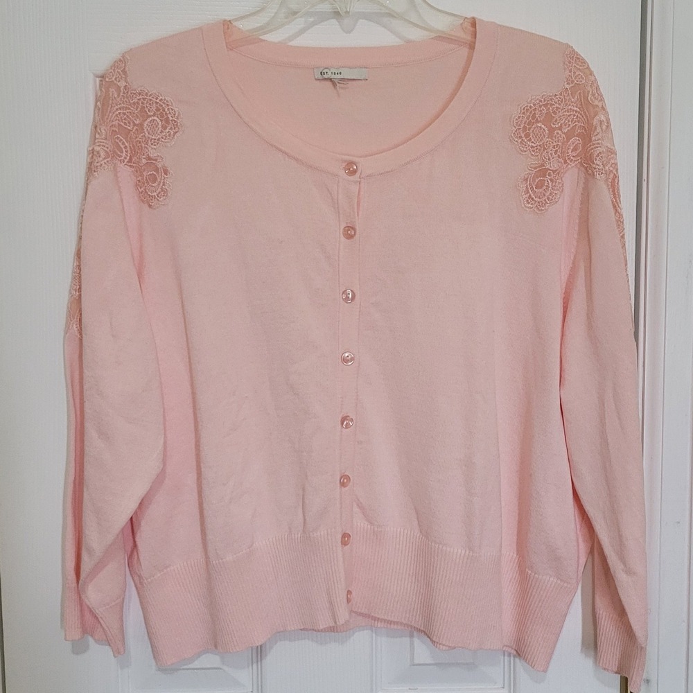 C. Est. 1946 Pink Lace Shoulder Cardigan Sweater Button Front Cottagecore